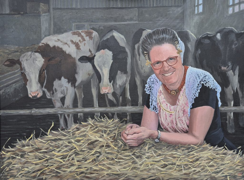 Schilderij van Zeeuwse boerin met koeien